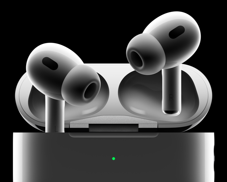 Wireless earbuds in a charging case on a black background